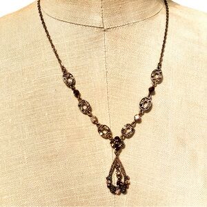 BLV Vintage Gold tone Teardrop Pendant Necklace with Amber Rhinestones